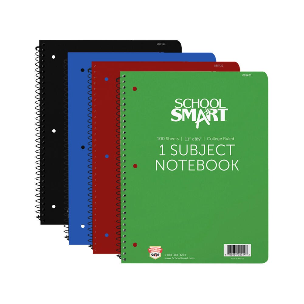 School Smart Spiral Non-Perforated 1 Subject College Ruled Notebook, 100 Sheets, 11 x 8-1/2 Inches 085421